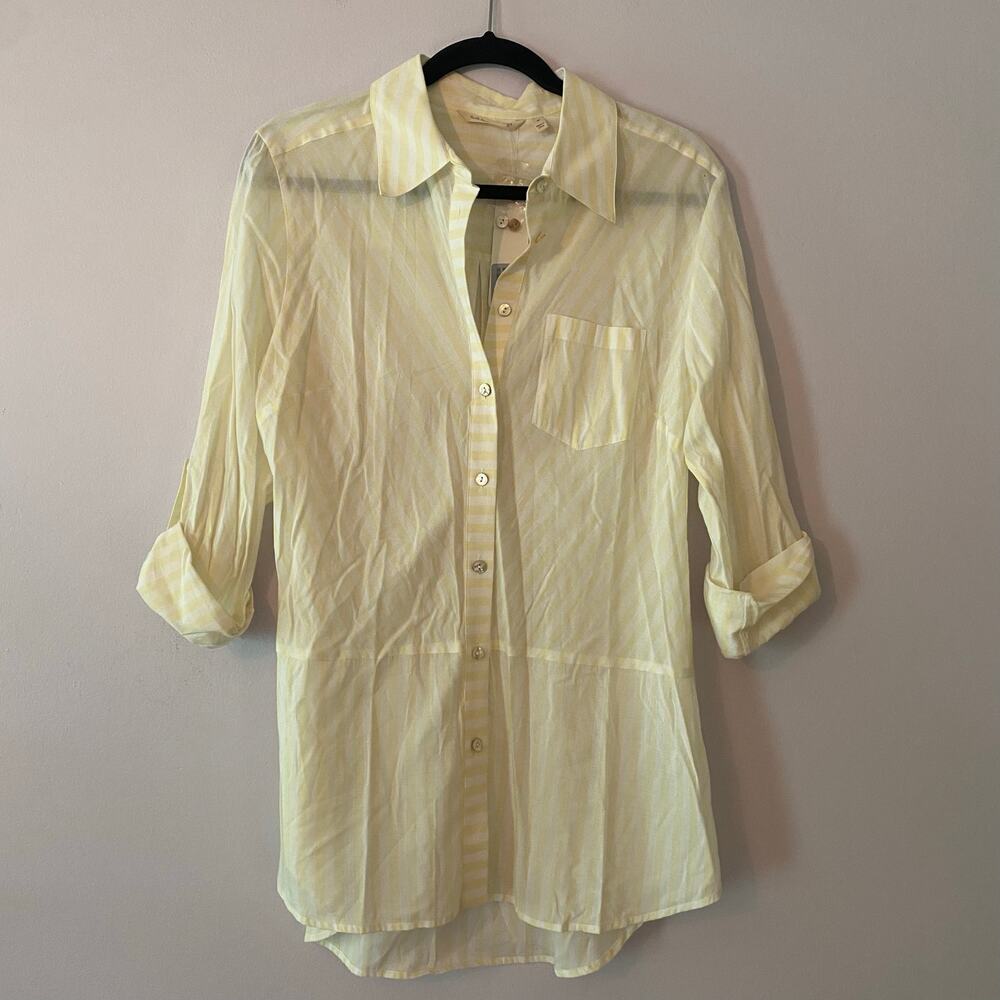 NWT Soft Surroundings Yellow Striped Button Down Shirt Preppy Beach size Medium